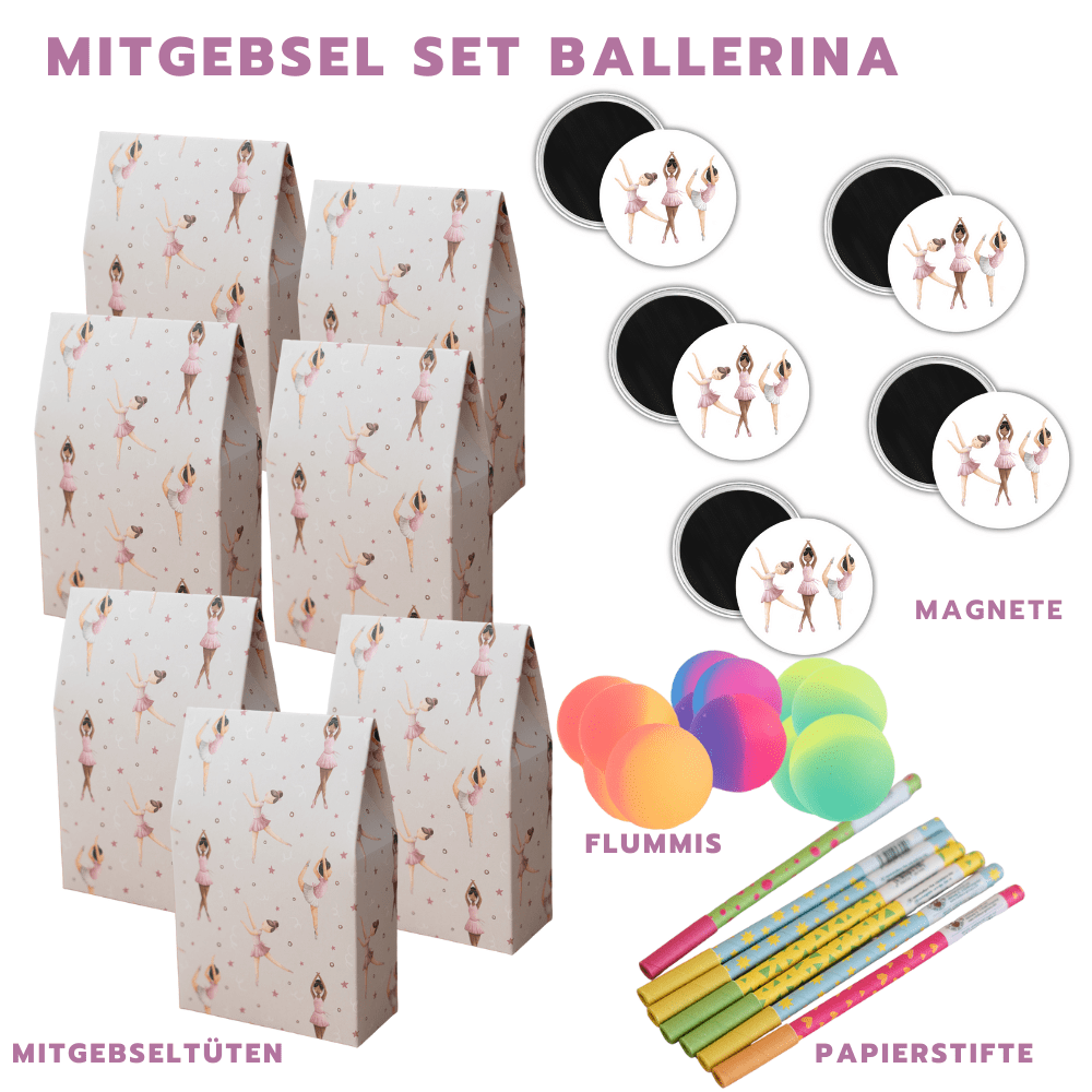 Mitgebsel Set Ballerine  10 x Tüte, 10 x Magnet, 10 x Flummi, 10 x Stifte