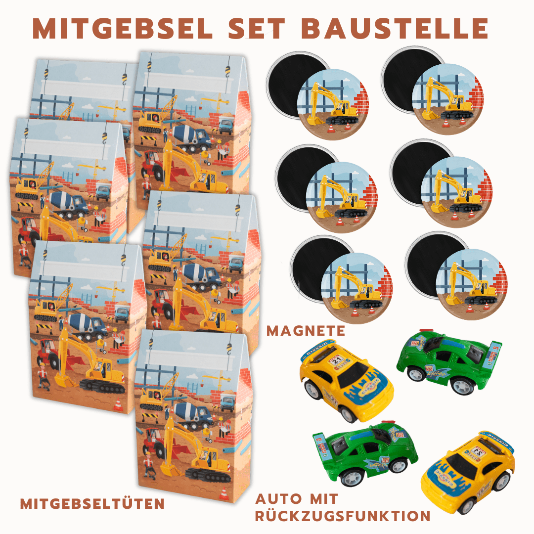 Mitgebsel Set Baustelle 8 x Tüte, 8 x Magnet, 8 x Autos