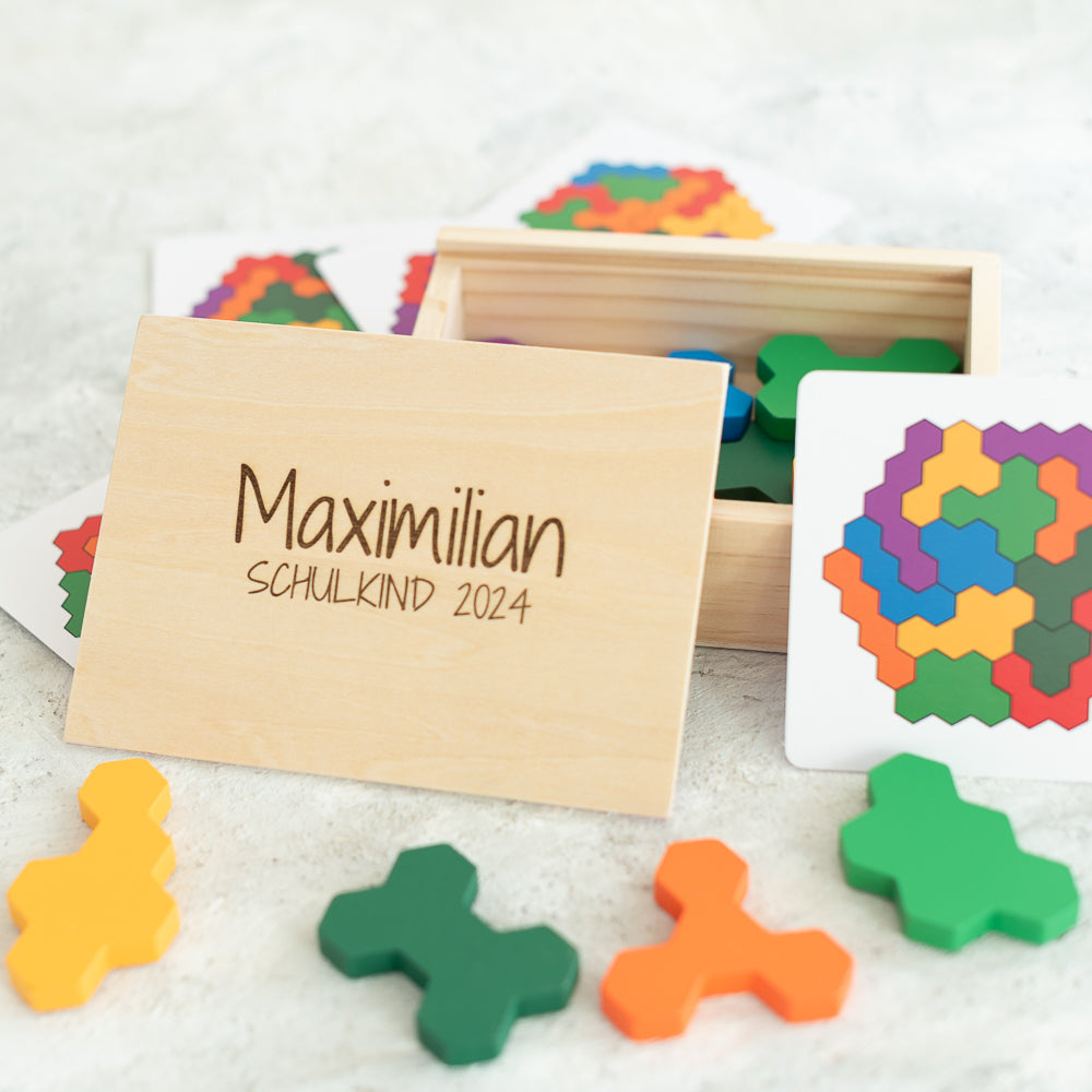 Personalisiertes Geschenk zur Einschulung - Lernspiel Holzpuzzle Hexagon