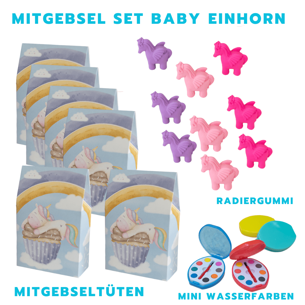 Mitgebsel Set Baby Einhorn 10 x Tüte, 10 x Radiergummi, 10 x Wasserfarben